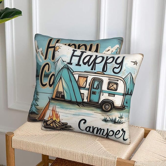 Happy Camping Throw Pillow Covers 18x18 inch Set of 2 Pillow Case Cushion Cover for Home Sofa Couch Living Room Car Decor