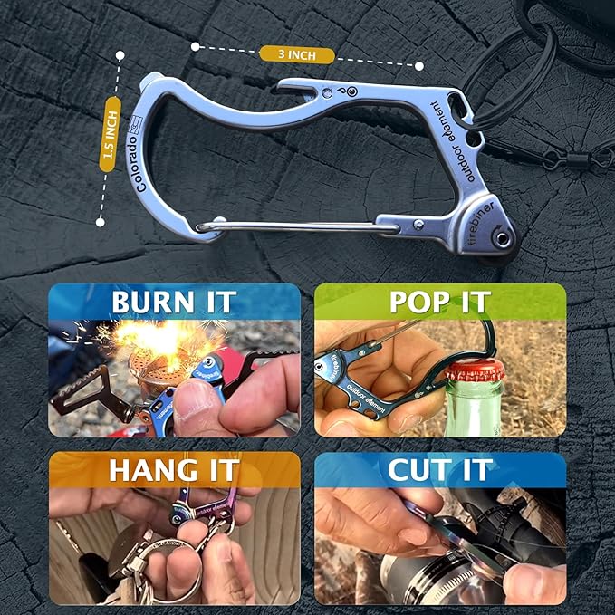 OUTDOOR ELEMENT Firebiner Custom Engraved 6-in-1 Fire Starter Carabiner Multitool – Survival Gear EDC Keychain with Utility Blade, Bottle Opener, Screwdriver, Emergency Tool