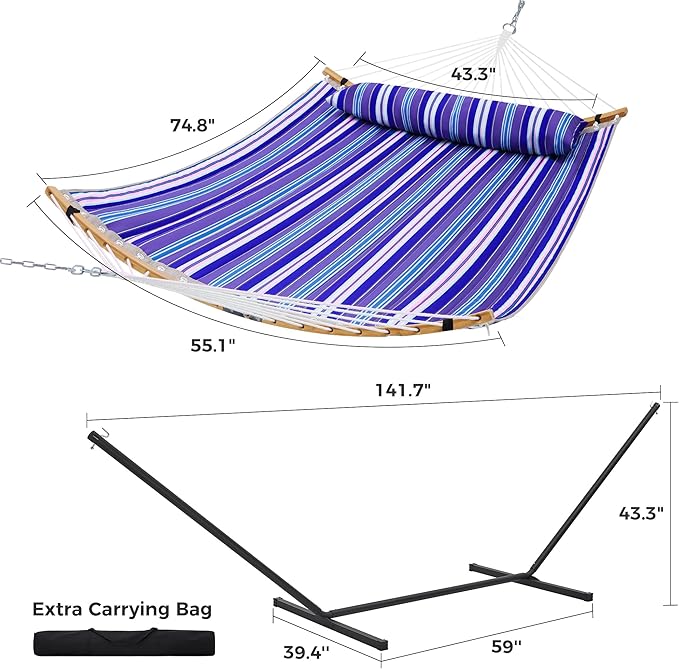 SUPERJARE Curved-Bar Hammock with Stand, 2 Person Heavy Duty Hammock Frame, Detachable Pillow & Portable Carrying Bag, Perfect for Outdoor & Indoor, Deep Ocean Fine Stripe