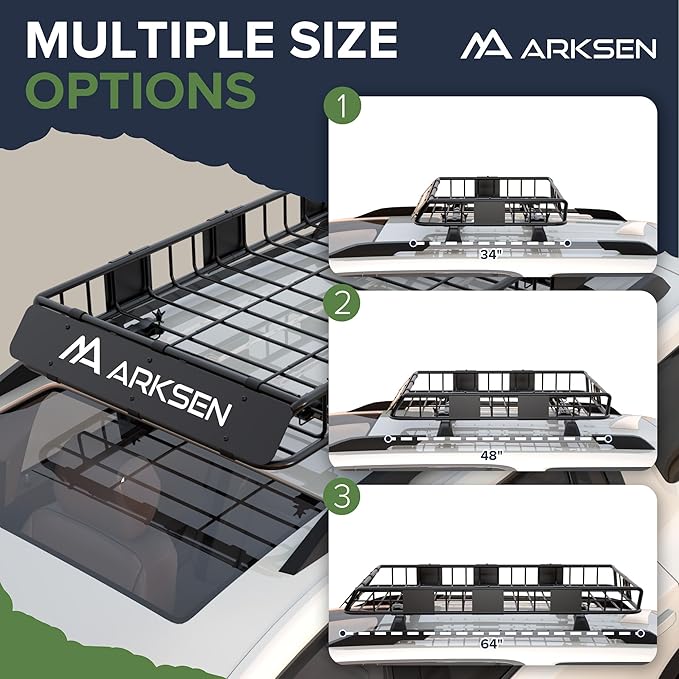 ARKSEN 64" x 34" x 6" Roof Rack Cargo Basket with Extension, 150 LBS Universal Heavy Duty Steel Rooftop Carrier with Cargo Net & Tie Down Straps for SUV, Truck, RV, Pickup
