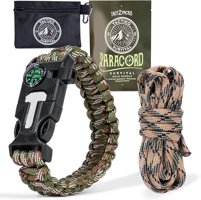 Tactiko Survival Bracelet & 10' Paracord Bundle – Fire Starter, Compass, Emergency Whistle, Mini Saw - Tactical Outdoor Survival Gear for Camping, Hiking, and Emergency Kits - U.S. Company