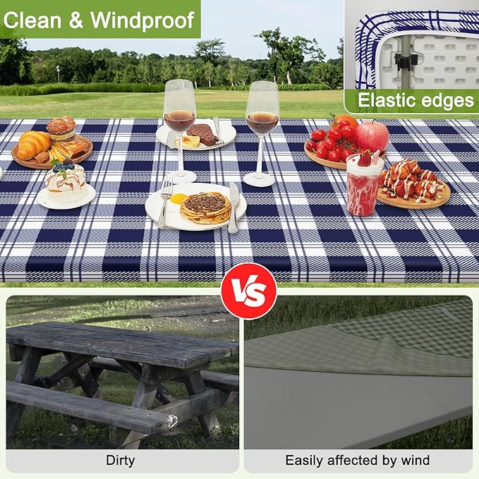 Picnic Table Cover with Bench Covers Portable Table Cloth Built-in Storage Pocket Fitted Tablecloth with Elastic Edges Waterproof Camping Essentials for Indoor Outdoor Rv,72in,Blue