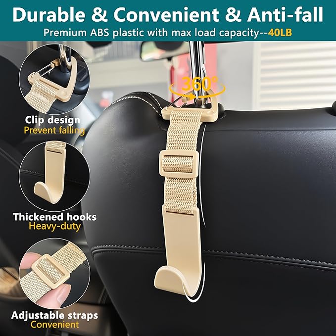 Amooca Headrest Hooks for Car Adjustable 4 Pack Vehicle Seat Back Organizer Storage Hanger Holder for Purse Bags Universal Fit with Clip Beige
