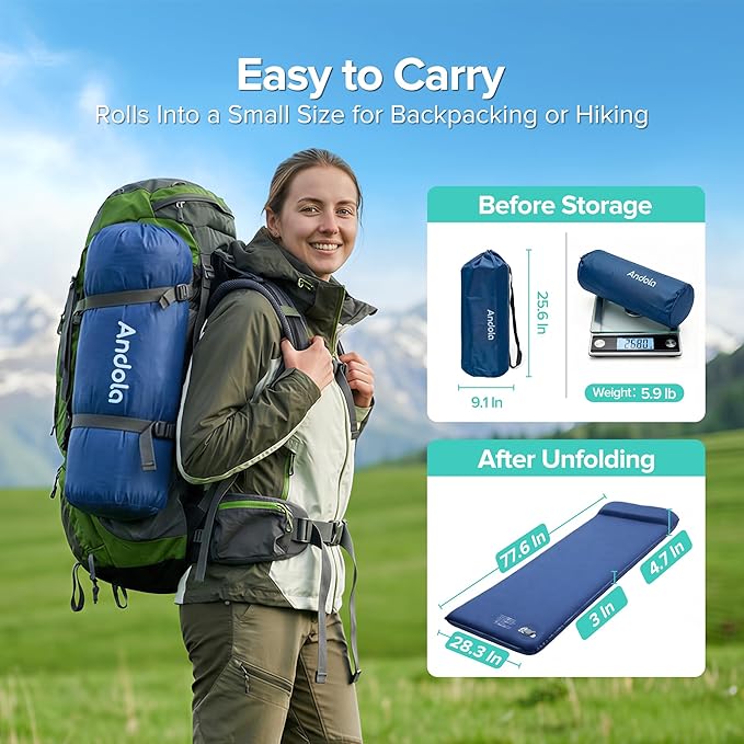 Self-Inflating Sleeping Pad for Camping, 3" Ultra-Thick Outdoor Camping Mat with Pillow & 9.5 R-Value, Insulated All-Season Foam Camping Mattress for Camping Travel Tent Car
