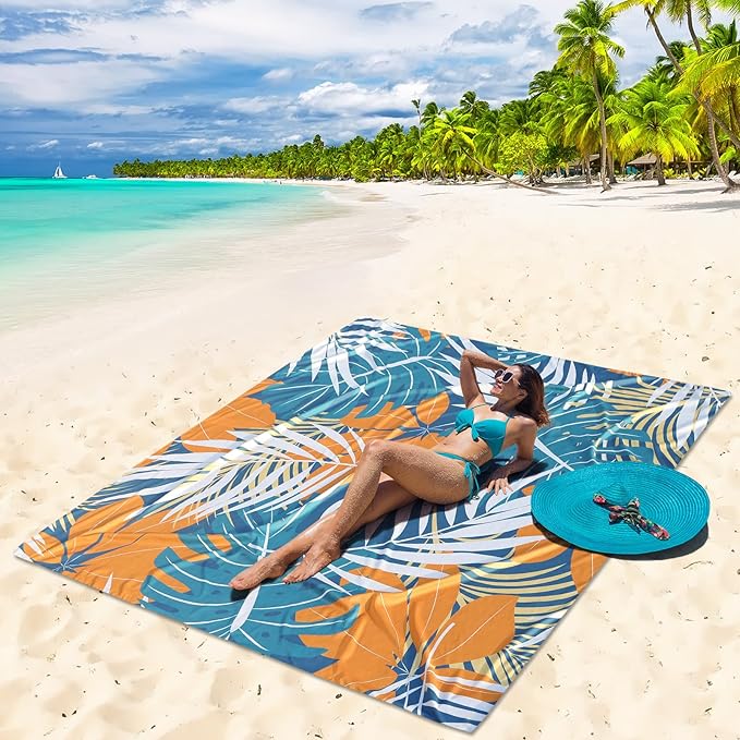 HIHOHO Beach Blanket Waterproof Sandproof Beach Mat for 1-8 Adults Quick Drying Durable Outdoor Picnic Mat for Beach Festival Travel Camping Hiking (BK&GN&O-Palm, 79"×83"(4 Person))