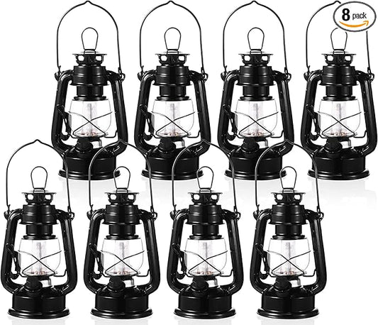 Hortsun 8 Pcs 8 Inch Vintage LED Hurricane Lantern Metal Black Outdoor Battery Operated Hanging Lantern with Warm LEDs and Dimmer Switch for Indoor Rustic Farmhouse Country Camping Decor