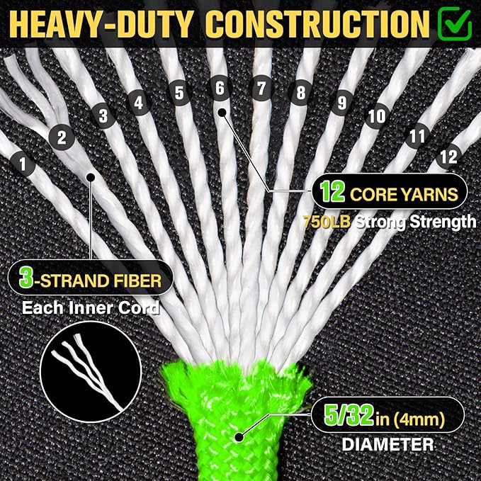 Paracord Rope 750 lb - 100ft 5/32" Parachute Cord 4MM 12-Strand para Cord - Heavy Duty Spool String for Survival,Camping Gear, Survival Bracelet, Clothesline - Neon Green