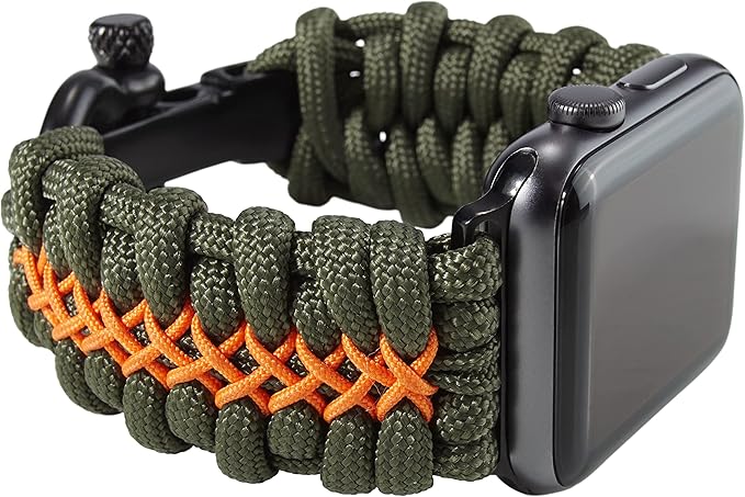 Savior Survival Gear Paracord Watch Band, Compatible with Apple Watch Band 49mm 46mm 45mm 44mm 42mm, iWatch Band Series Ultra 10 9 8 7 6 5 4 3 2 1 SE, Adjustable strap for men ( Green & Orange, Large)