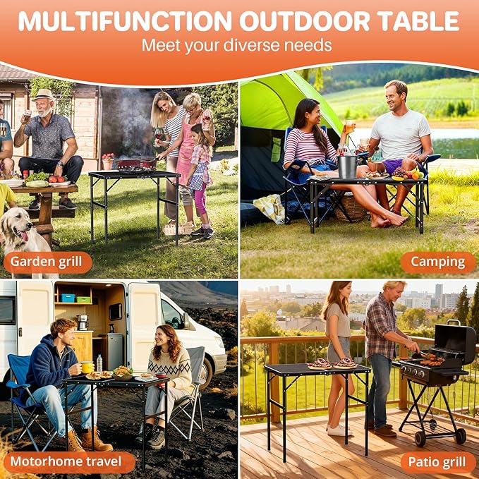 FUNYKICH Wider and Taller Grill Table 31.5''x21.6'', Max Height 29.4'' Portable Camping Tables, 2 Height Adjustable Lightweight Metal BBQ Table with Carry Handle for Camping, Picnic, BBQ, Black