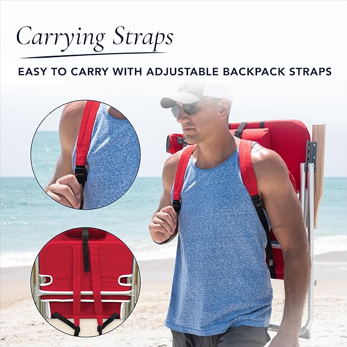 CARIBBEAN JOE Folding Beach Chair, 4 Position Portable Backpack Foldable Camping Chair with Headrest, Cup Holder, and Wooden Armrests