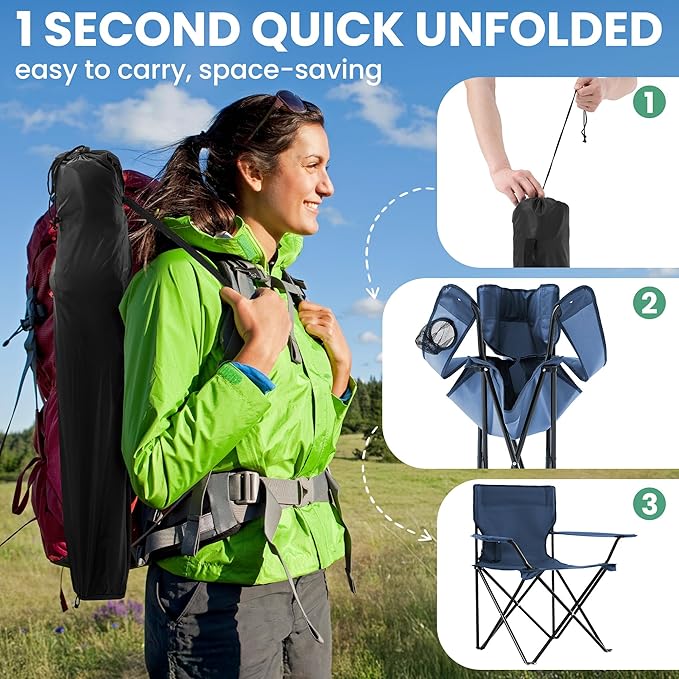 2 Pack Folding Camping Chairs for Adults, Foldable Portable Beach Chairs with Carry Bag & Cup Holder, Compact Design for Camping, Beach, Picnics, and Fishing Supports 300LBS（Dark Navy）