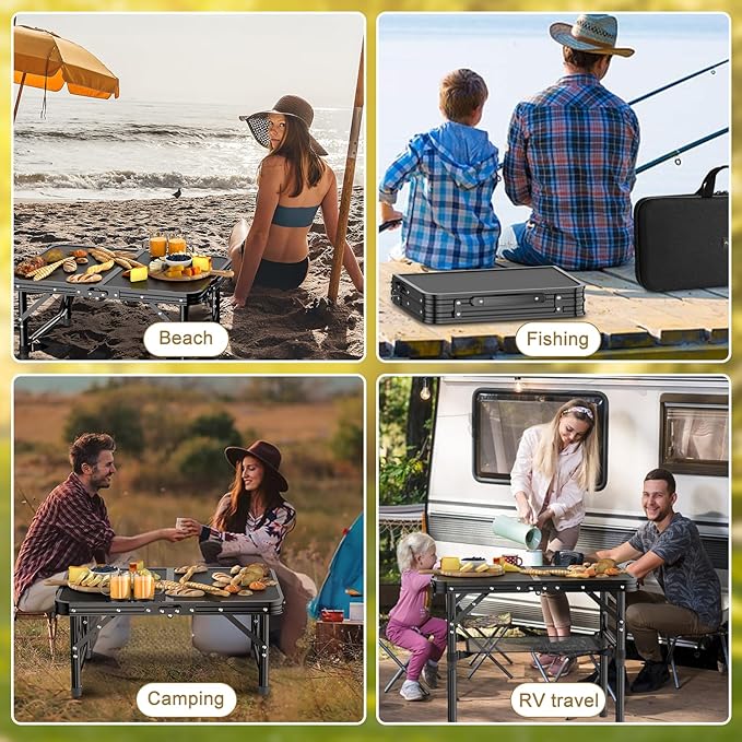 Folding Camping Table, 2 FT Folding Portable Camping Table, Outdoor&Indoor Picnic Table with 3 Adjustable Height Max 27.1",Lightweight Aluminum Camping Tables, Car Camping Essentials-Pure Black