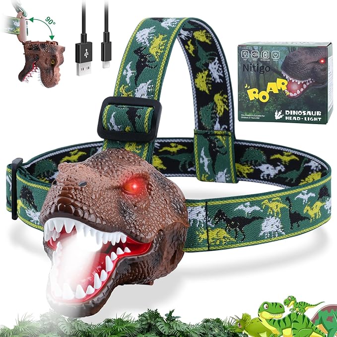 Nitigo Dinosaur Headlamp for Kids Flashlight Rechargeable Led Headlights Roar & Silent Mode, T-Rex Dinosaur Toys for Kids 3-5 4-6 5-7 6-8, Camping Gear, Easter Gifts for Boys Girls Adults
