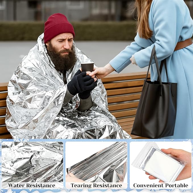 Cutecrop 120 Pcs/60 Sets Homeless Care Package Supplies Bulk Winter Beanie Hat Emergency Thermal Blankets for Charity Donation