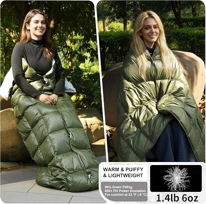 Down Camping Blanket - Lightweight, Packable, Warm & Puffy Outdoor Travel Quilt for Sleep, Hiking, Backpacking, Stadium, Festivals, Water-Resistant Sleeping Bag 55"x79"