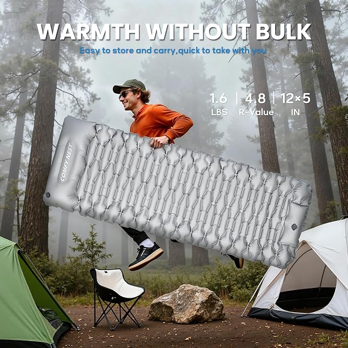 Camping Sleeping Pad with 4.8 R-Value, Ultralight Camping Mat with Pillow and Built-in Foot Pump, Inflatable Sleeping Mat Compact for Outdoor Hiking, Camping, Backpacking, Hiking, Traveling, Tent