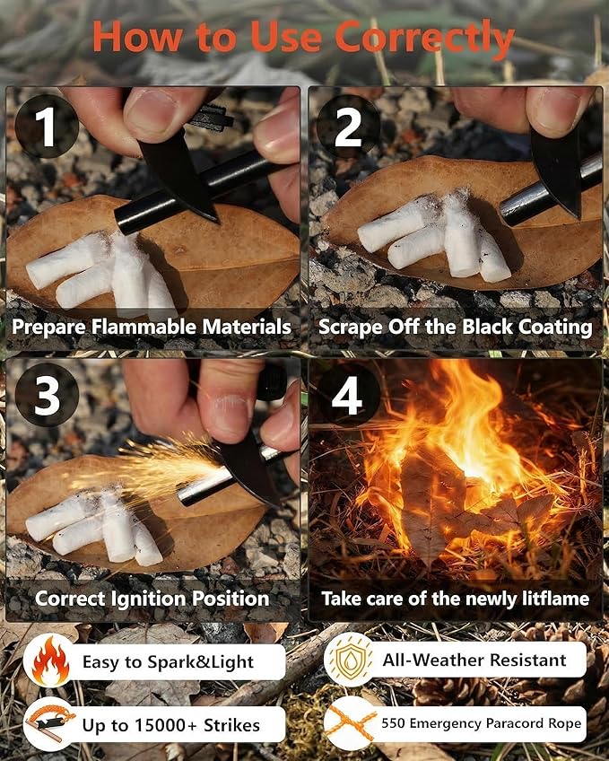 VVAAGG Flint and Steel Fire Starter: 3/8" 4 Inch Ferro Rod Magnesium Rods Survival Tool with Paracord Handle