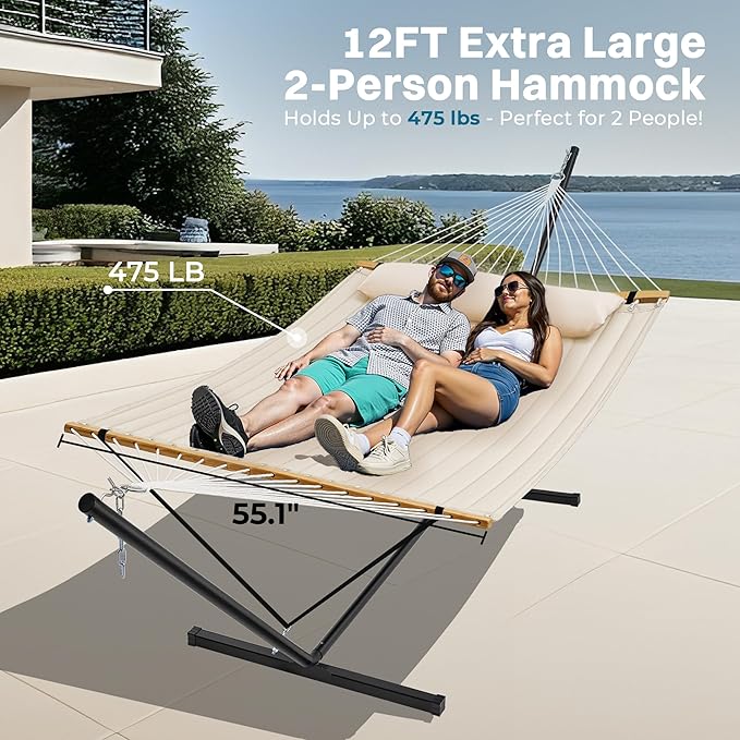 SUPERJARE Hammock with Stand, 2 Person Quilted Outdoor Hammock, Detachable Pillow & Bamboo Spreaders, Portable Hammock with Carrying Bag, Heavy Duty Stand, Perfect for Outside, Patio, Cream Beige