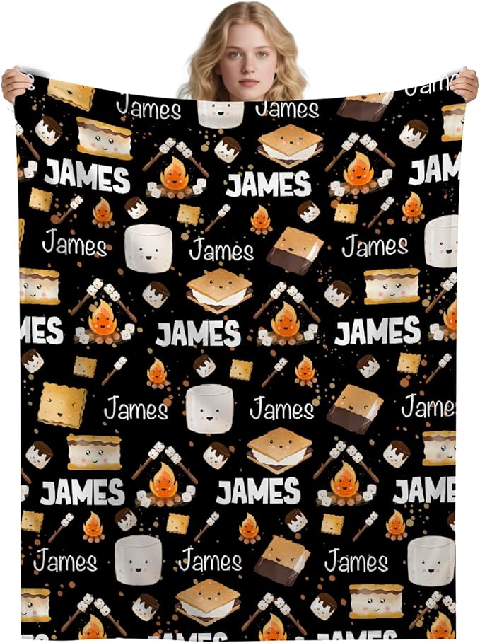 Custom S'Mores Blanket with Name | Personalized Marshmallow Blanket for Girls Boys | Ultra Soft Customized Cookie Throw for Couch/Sofa/Travel/Camping Home Decor - 50"x60"-Teens/Travel Size