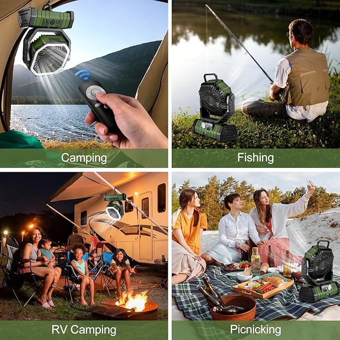 Odoland 30000mAh Camping Fan with LED Lantern, Rechargeable Battery Operated Oscillating Fan with Remote & Hook, Portable Tent Fan with Timer, 4 Speeds for Outdoor Camp RV Jobsite Power Outage, Green
