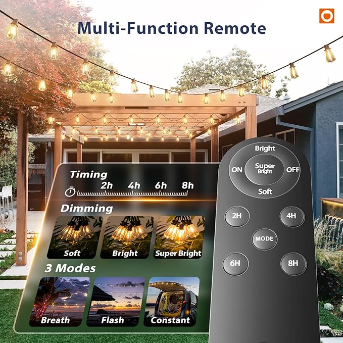 addlon 102FT(96+6) Solar String Lights Outdoor with Remote, Waterproof Patio Lights with 30 Shatterproof LED Bulbs, 30H+ Long-Lasting Dimmable & Timable Solar Light for Backyard Camping Garden Decor