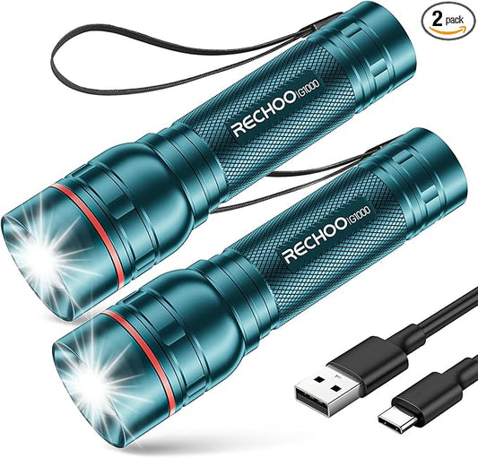 RECHOO Rechargeable Flashlight 2 Pack, Bright Military Grade Torch Light High Lumens with Adjustable Focus & 3 Lighting Modes, Lightweight Waterproof Led Flashlight for Camping Home, Teal Blue
