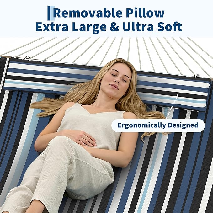 2 Person 12FT Hammocks for Outside, Double Quilted Fabric Outdoor Hammock with Spreader Bar, Large Removable Pillow, Storage Pockets, Carabiners, Max 450 Lbs Capacity