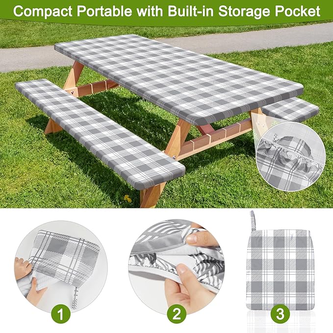 Picnic Table Cover with Bench Covers Portable Table Cloth Built-in Storage Pocket Fitted Tablecloth with Elastic Edges Waterproof Camping Essentials for Indoor Outdoor Rv,72in,Light Grey