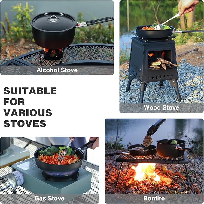 REDCAMP Camping Cookware Mess Kit with Folding Handle, Lightweight Non-Stick Camping Cooking Pot and Frying Pan with Mesh Bag for Outdoor Hiking Backpacking Picnic