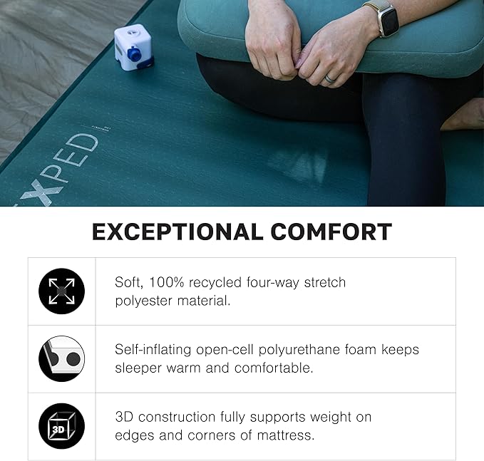 Exped MegaMat Long X-Wide - Self Inflating Soft Car Sleeping Mat, 4” Foam Pad, Pump Included