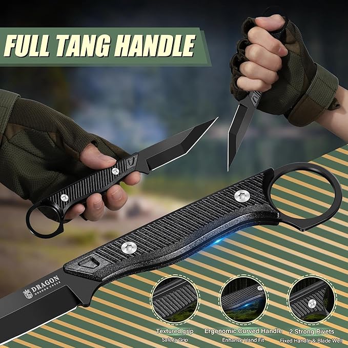 Dragon Creek Outdoor Neck Knife – Small Full Tang Fixed Blade Knife with Sheath and Chain Black Christmas Thanksgiving Gift