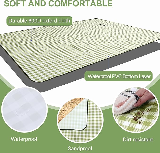 HX&OD Outdoor Picnic Blanket 80"X80" Picnic Mat Extra Large Camping Blanket Beach Blanket Foldable Waterproof Sand Mat Hiking Travel Family Concerts(Green)