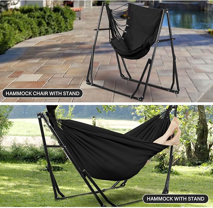 2 in 1 Hammock with Stand, Outdoor Hammock Swing Chair with Portable Heavy Duty Stand, Multi-Functional Hammock Stand 480 lbs Weight Capacit-Black