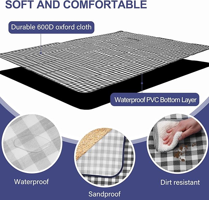 HX&OD Picnic Blanket Outdoor Extra Large Picnic Mat 80"X60" Camping Blanket Beach Blanket Foldable Waterproof Sand Mat Hiking Travel Family Concerts(Blue)