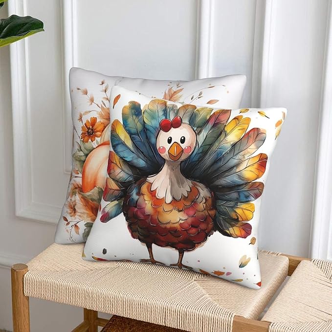 Turkey Thanksgiving Day Throw Pillow Covers 18x18 inch Set of 2 Pumpkin Pillow Case Cushion Cover for Home Sofa Couch Living Room Car Decor