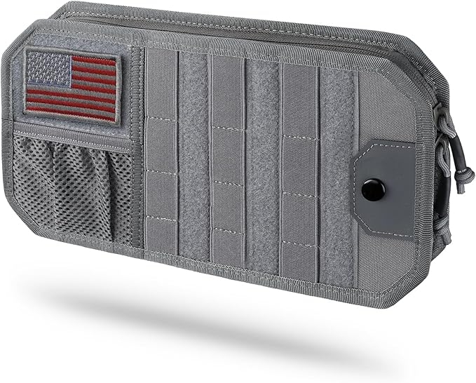 LIVANS Tactical Car Sun Visor Organizer, Auto Accessories Semi-Rigid Molle Panel with Zipper Storage Pouch & Glasses Holder, Gift for Car Gear, Fit Cars, Trucks, Suvs, Jeeps & Patrols (Gray)