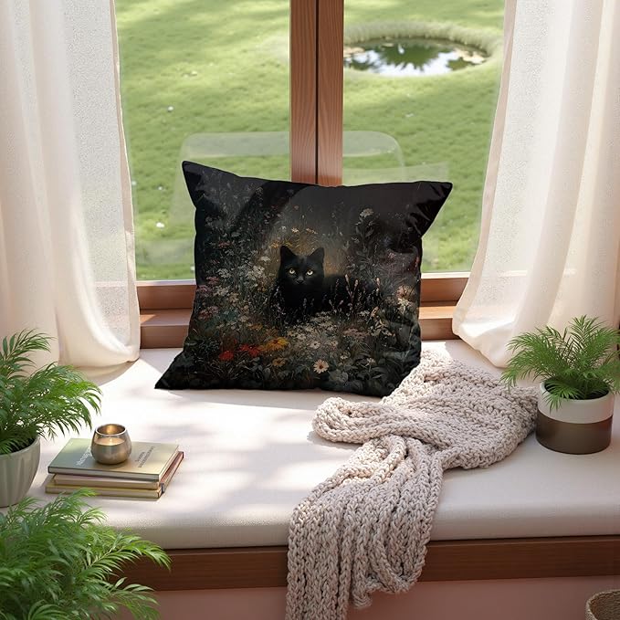 Vintage Moody Black Cat Floral Pillow Covers 18x18, Dark Cottagecore Decor, Gothic Botanical Floral Animal Decorative Pillow Covers for Home Bedroom Living Room Couch，Black Cat Lover Gifts