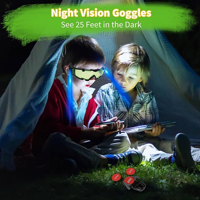 Kids Night Vision Goggles with Spy Frisbee Toys, 2 PCS Spy Lens/Glasses Toys with Flip-Out Lights Green Lens, Adjustable Spy Gear Night Mission Goggles Kit for Kids 6 7 8 9 10 11 12 Boy Gifts