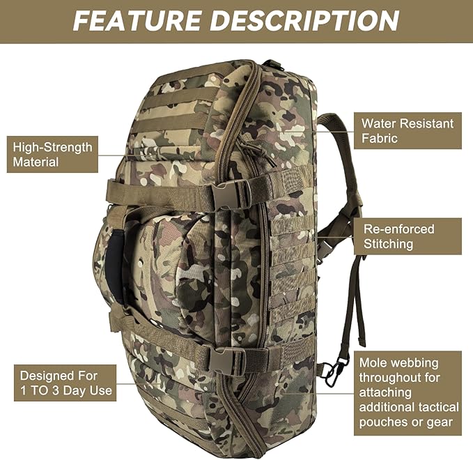 Hannibal Tactical 55L Large Duffle Bag, 3-in-1 Tactical Backpack MOLLE Pack for Sports, Gym, Outdoor, CP