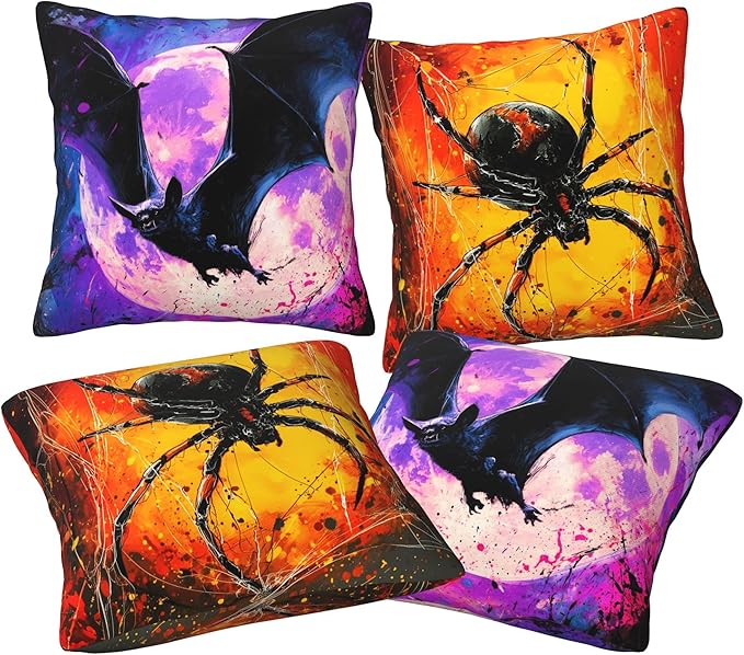 Halloween Bats Throw Pillow Covers 18 X 18 Inch Set of 4 Decorative Cushion Cover Home Decor for Sofa Chair Couch Bedroom Living Room