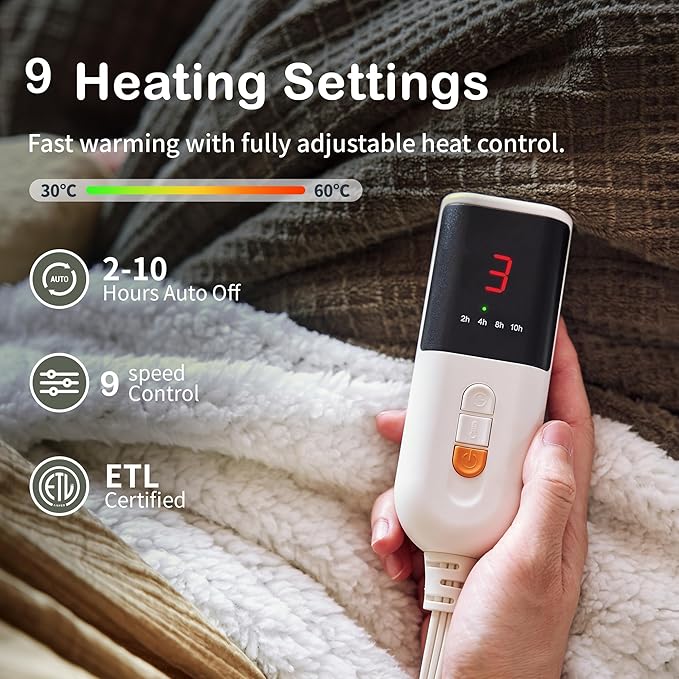 Texciting Heated Blanket Electric Blanket Throw 50''X60''-Heating Throw with 9 Heat Settings-2-10 Hours Auto Off,ETL Certified,Machine Washable (Gray Green)