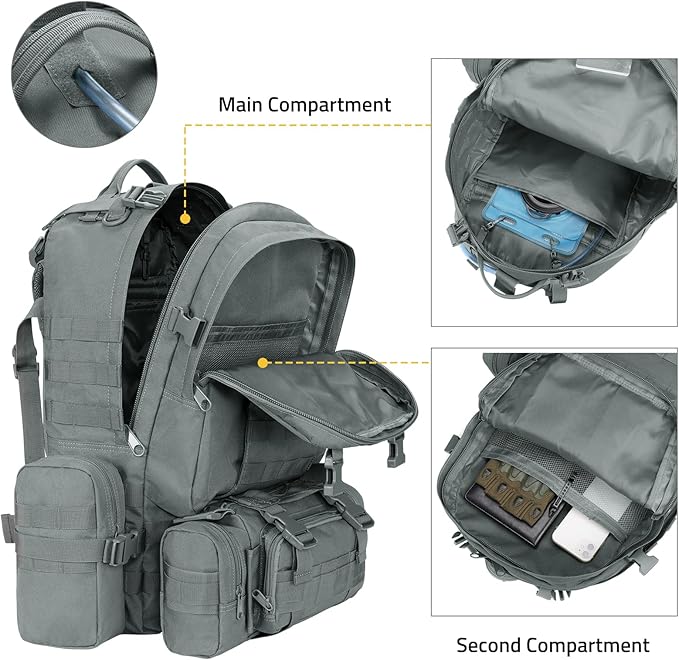 CVLIFE Tactical Backpack Military Army Rucksack 60L Large Assault Pack Detachable Molle Bag, Grey