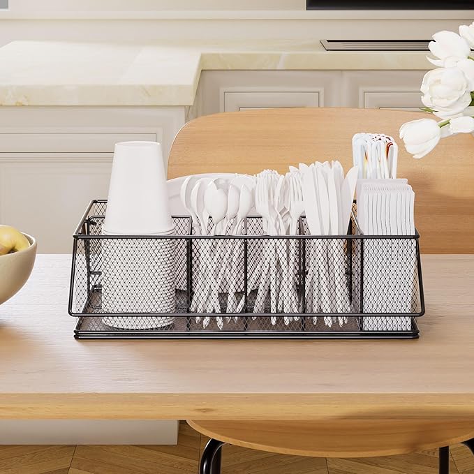 Paper Plate Organizer for Countertop, Metal Silverware Caddy with 6 Compartments for Cup, Napkin, Utensil Holder Caddy for Party, Camping, Picnic