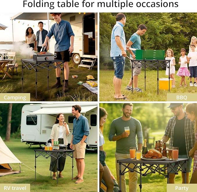 Anbte Camping Table Foldable, 2 Height Max 27.5" Aluminum Roll up Camping Table with Carry Bag & Heat-Resistant Tabletop, Lightweight, for Indoor Outdoor RV BBQ Picnic Patio Beach, 26" x 23", Black
