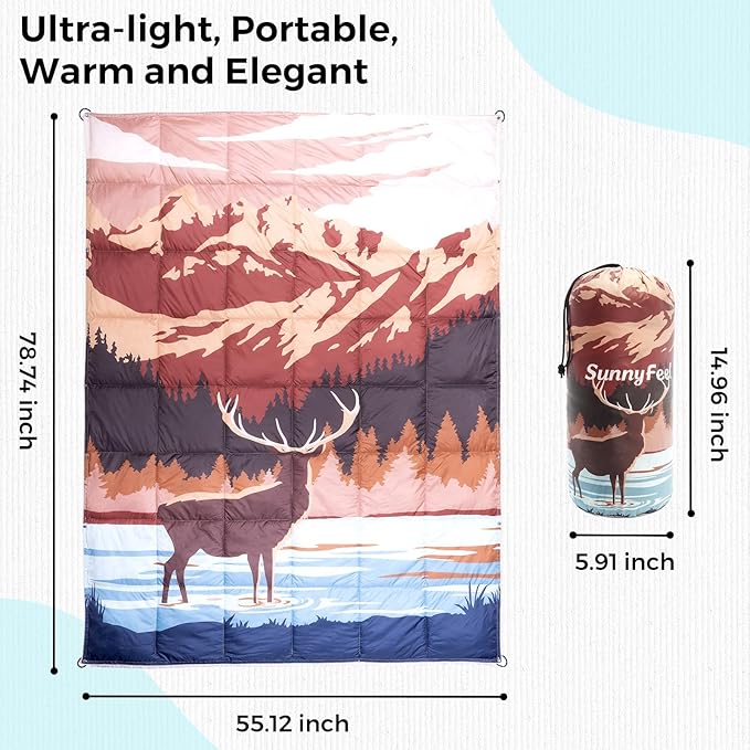 SUNNYFEEL Outdoor Camping Blanket,55"x79", Single-Sided Printed Polyester Camping Blanket for Traveling Hiking Picnic Stadium Beach Party,Elk