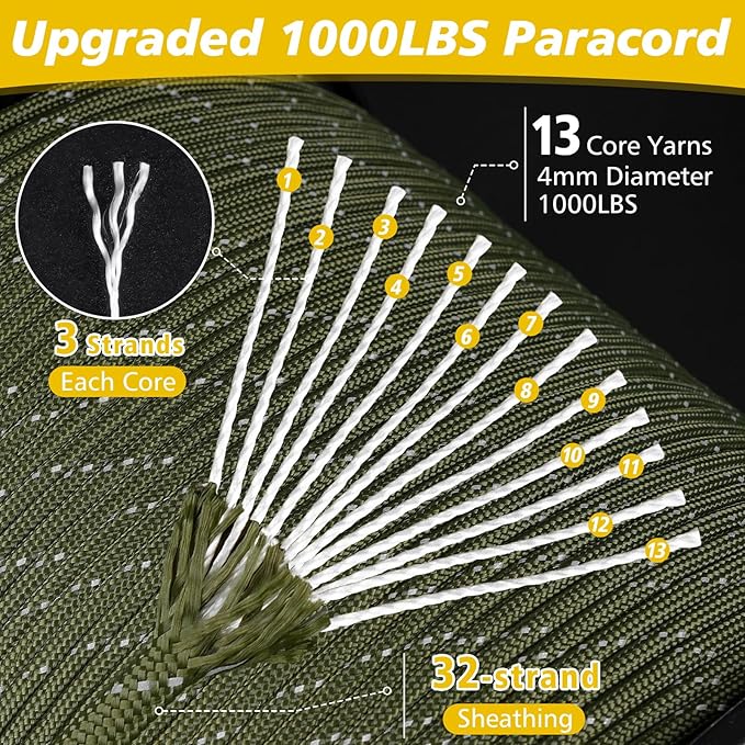 X XBEN Paracord Reflective 1000lb, 50/100/200/500/1000ft 4mm, 13 Strand Paracord Rope, Tactical Parachute Cord for Camping, Fishing, Clothesline, Hammock, Tent & Survival Bracelet, Army Green
