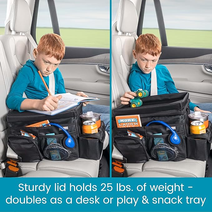 High Road CarHop Car Caddy Organizer with Road Trip Cooler, Car Cup Holder Bin, Sturdy Snack and Play Lid and 6 Organization and Storage Pockets