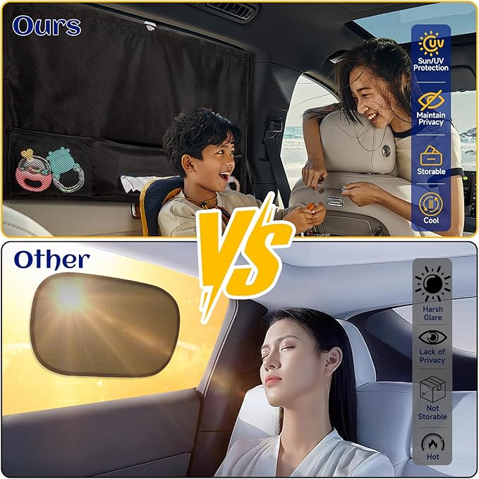 Car Window Shades, 2 Pcs 5 Suction Cups Car Sun Shade for Baby with Car Tissue Holder & Storage Net Pocket for Heat/UV Protection Sun Block Covers, Car Camping Accessories