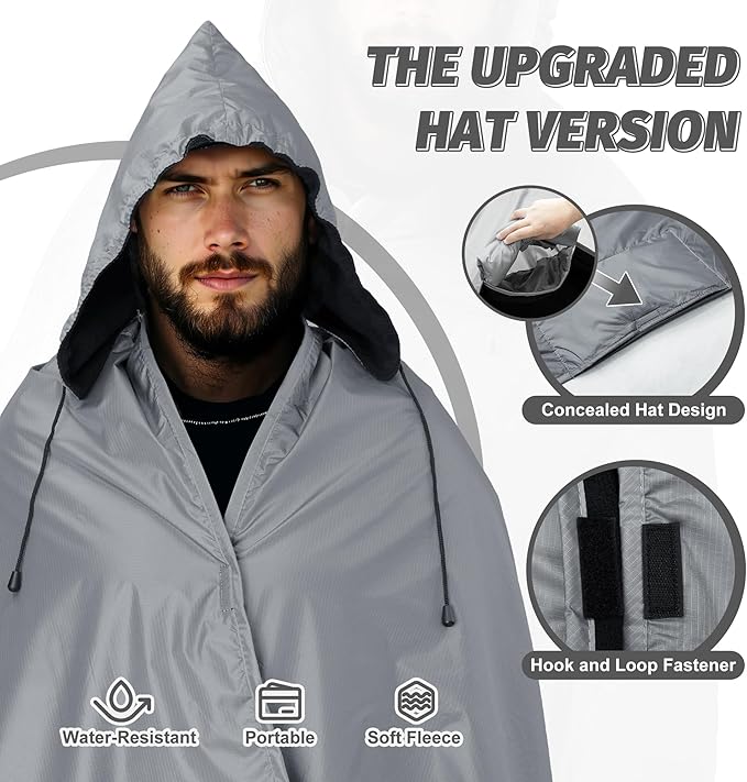 Fleece Waterproof Outdoor Blanket - Windproof Stadium Blanket for Camping, Picnics, and Sports Stay Dry and Comfortable 80"x 58"(Hoodeed, Gray)