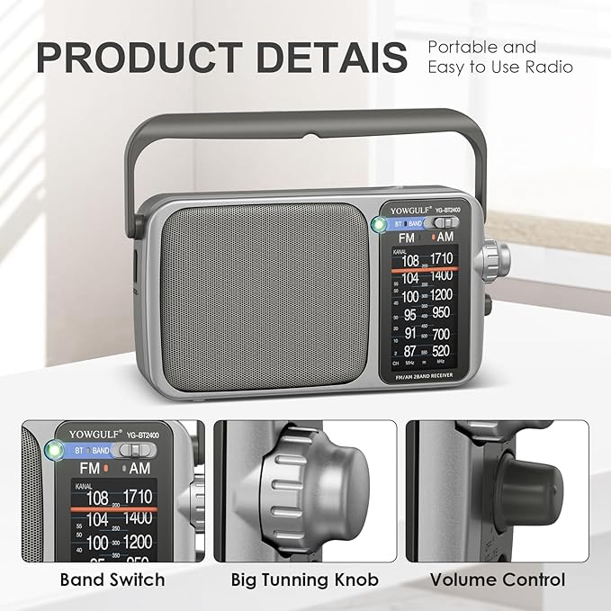 YOWGULF AM FM Radio with Best Reception,Bluetooth Portable AM FM Transistor,Battery Operated Radio or AC Power,Large Dial,Headphone Jack, Gifts for Seniors Elderly